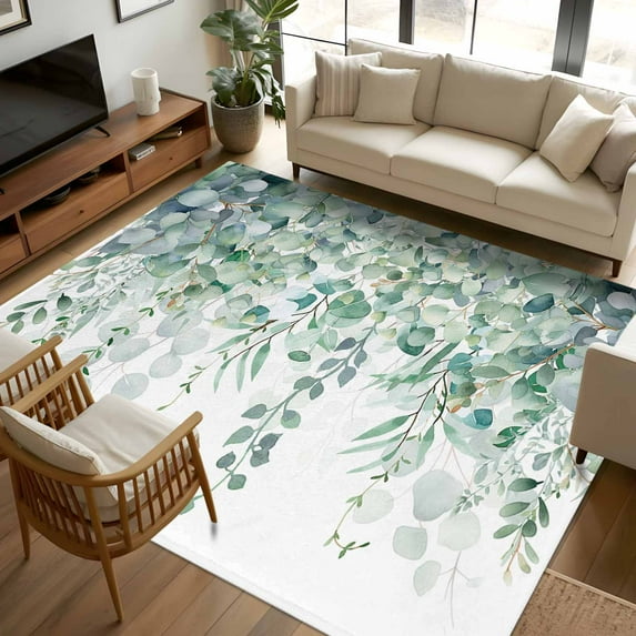Sage Green Eucalyptus Leaves 5x8 Area Rugs, Spring Summer Botanical Rustic Non-Skid Rubber Backing Large Rectangle Rugs - Living Room Bedroom Home Office, Indoor Floor Mat Carpets Washable Rug