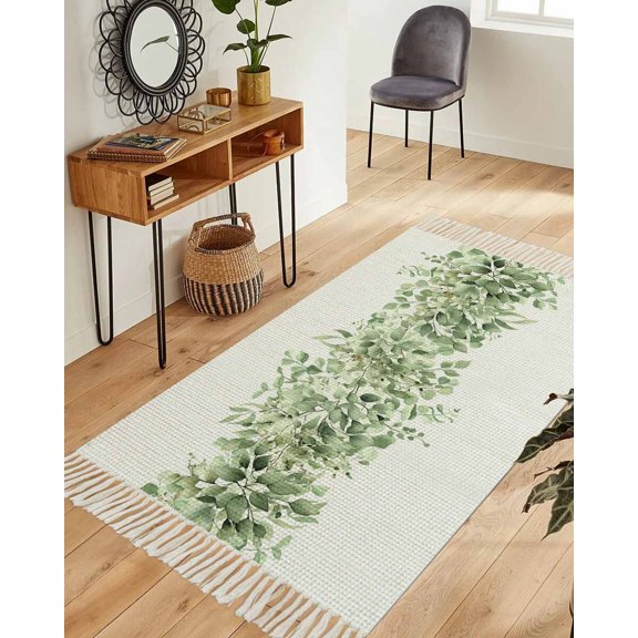 Sage Green Eucalyptus Leaves Area Rug 3x5ft Woven Runner Rug,Spring Summer Botanical Floral Washable Living Room Hallway Bedroom Kitchen Carpet with Tassels,Indoor Outdoor Throw Door Mat for Entryway