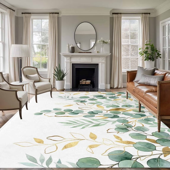 Sage Green Eucalyptus Leaves Area Rugs 5'x7', Small Throw Rugs for Laundry Room Playroom, Spring Summer Country Plants Indoor Outdoor Rug Non-Slip Low Pile Carpet Runner Reversible Floor Mats