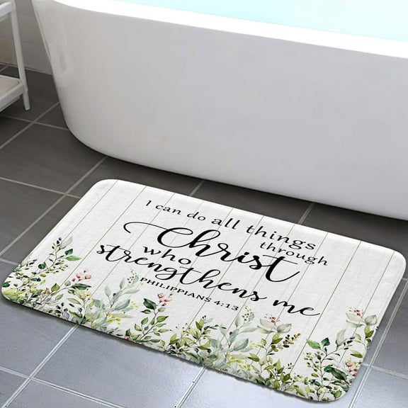 Sage Green Eucalyptus Leaves Bathroom Rugs, Absorbent Inspirational Quotes in Wooden Farmhouse Rustic Bathroom Rugs Non Slip Rubber Backed Shower Bath Floor Mat for Bathtub Sink Kitchen 17X29in