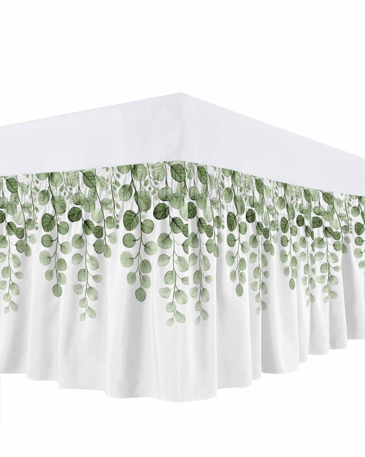 Sage Green Eucalyptus Leaves Bed Skirt Queen Size, Spring Country Botanical Wrap Around Bed Skirting with Adjustable Elastic Strap, Dust Ruffle Pleated Bedskirts 18 Inch Drop for Bedroom Queen Beds