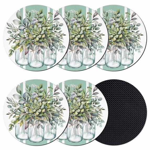 Sage Green Eucalyptus Leaves Coasters Set of 6, Absorbent Coasters for Drinks, Pastoral Summer Botanical Elegant Coaster for Desk Coffee Table Protection, Home Decor House Warming Gifts 4"