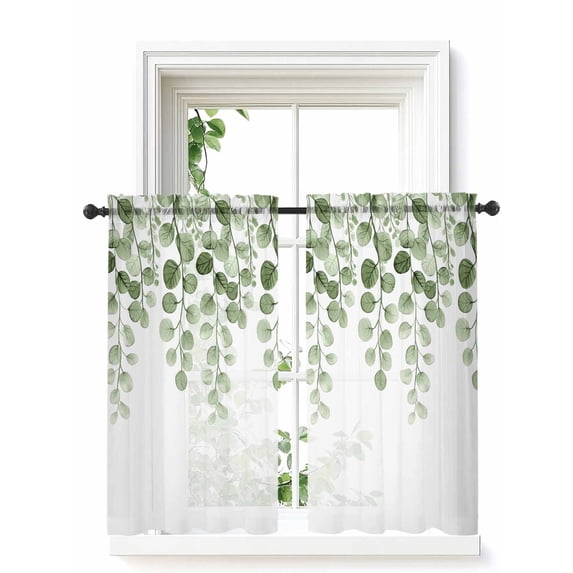 Sage Green Eucalyptus Leaves Curtains 54 Inch Length, Sheer Curtains for Bedroom Living Room Window Spring Country Botanical Rod Pocket Drapes Kitchen Curtains Small Half Window 42"x54" 2 Panels