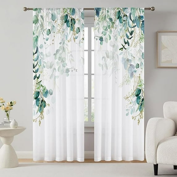 Sage Green Eucalyptus Leaves Curtains For Living Room, Light-Filtering Thermal Insulated Boho Kitchen Bedroom Window Curtains, Spring Floral Botanical Curtain 42"W x 63"L (Pack of 2)
