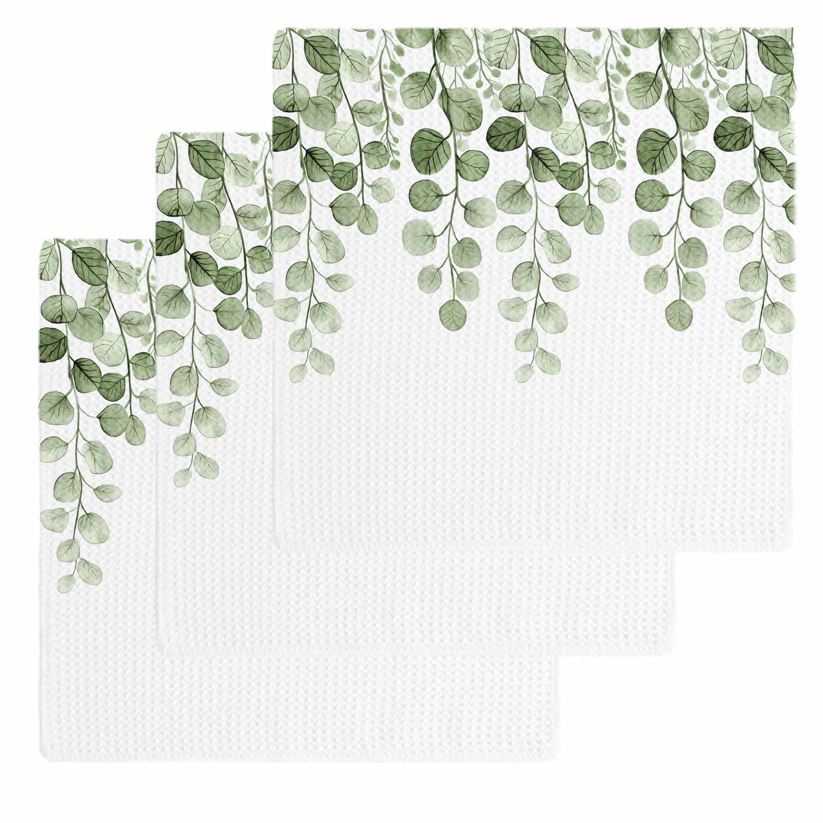 Sage Green Eucalyptus Leaves Dish Towels Set, Waffle Weave Kitchen Towels 3 Pieces, Spring Country Botanical Microfiber Hair Face Bath Tea Towel Absorbent Quick Drying Cleaning Dish Cloths 12"x12"