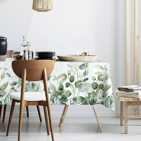 Sage Green Eucalyptus Leaves Fabric Waterproof Tablecloth,Rectangle Watercolor Wrinkle Oil-Proof Resistant Table Cover for Dining Table, Buffet Parties and Camping, Mint Color (60" x 84")