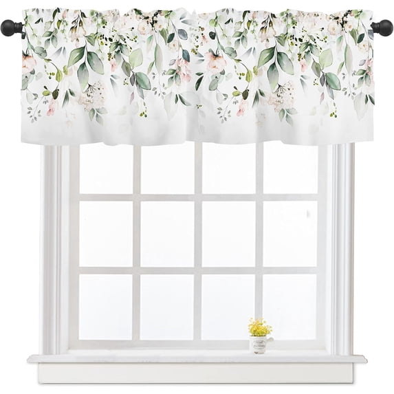Sage Green Eucalyptus Leaves Floral Kitchen Curtains Valances for Windows Spring Summer Flowers Leaf Window Curtain 54x18 Inch Short Rod Pocket Valance 1 Panel for Living Room Bathroom Decor
