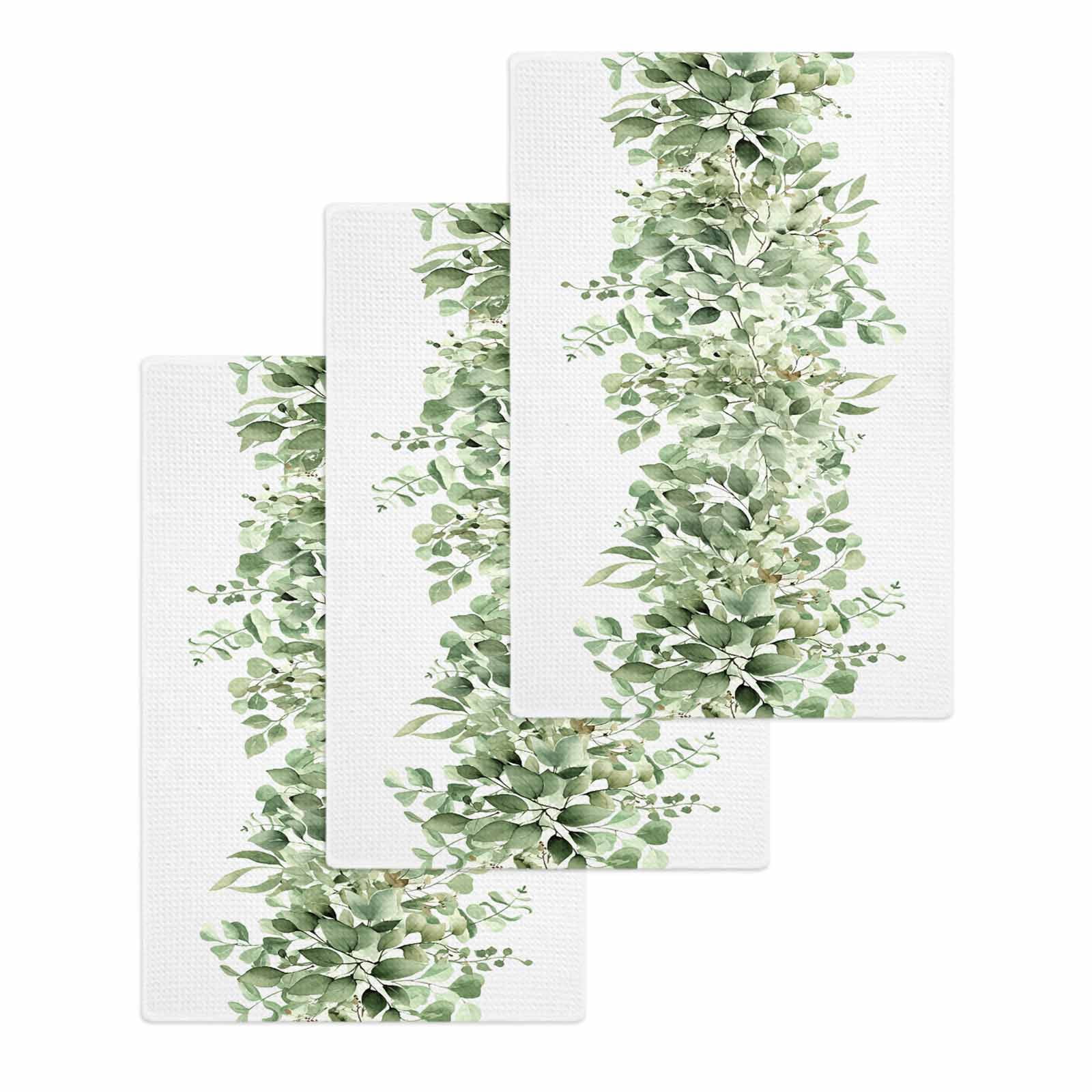 Sage Green Eucalyptus Leaves Hand Towels Set,Waffle Weave Kitchen Towels 3Pcs,Spring Summer Botanical Floral Microfiber Hair Face Bath Tea Towel Absorbent Cleaning Dish Cloths 15.7"x23.6"