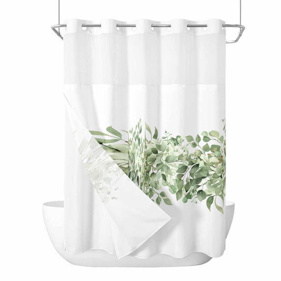 Sage Green Eucalyptus Leaves No Hook Shower Curtain Waterproof,Bathroom Curtains with Snap in Liners and See Through Top Window,Spring Summer Botanical Floral Hotel Bathtub Curtains Shower 48"Wx72"L