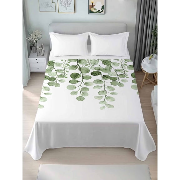 Sage Green Eucalyptus Leaves King Size Flat Sheet, Wrinkleproof & Fadeproof Cooling Flat Bed Sheet Only, Spring Country Botanical Breathable Soft Bedding Top Sheets 105 x 98 Inches