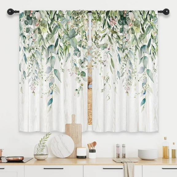 Sage Green Eucalyptus Leaves Kitchen Curtains Flower Watercolor Floral Spring Botanical Rod Pocket Plant Cafe Curtains for Bathroom Living Room Window Drapes Treatment Fabric 27.5 x 36 Inch
