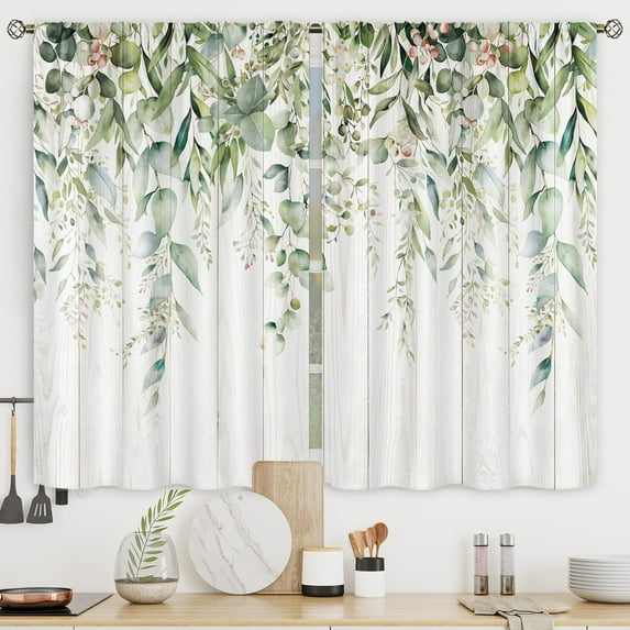 Sage Green Eucalyptus Leaves Kitchen Curtains Flower Watercolor Floral Spring Botanical Rod Pocket Plant Cafe Curtains for Bathroom Living Room Window Drapes Treatment Fabric 27.5 x 39 Inch