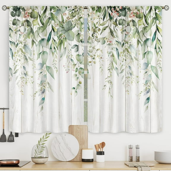 Sage Green Eucalyptus Leaves Kitchen Curtains Flower Watercolor Floral Spring Botanical Rod Pocket Plant Cafe Curtains for Bathroom Living Room Window Drapes Treatment Fabric 27.5 x 39 Inch
