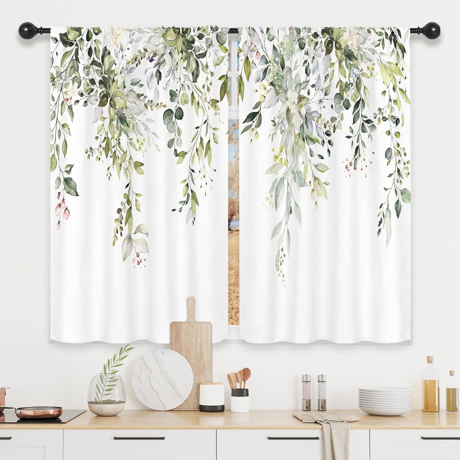 Sage Green Eucalyptus Leaves Kitchen Curtains Plants Flower Spring ...