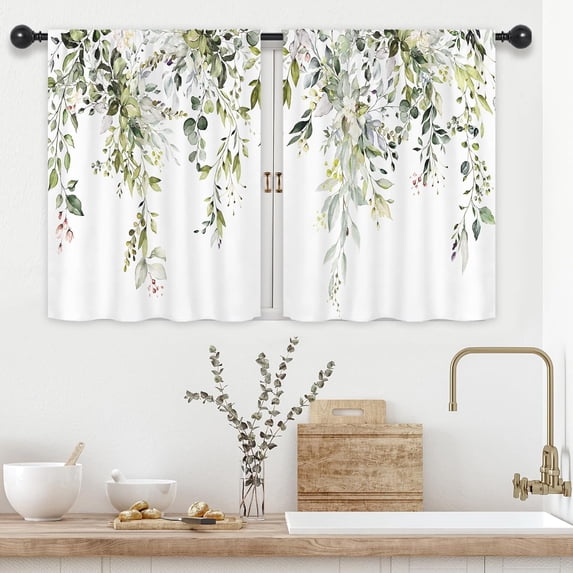 Sage Green Eucalyptus Leaves Kitchen Curtains Rustic Flower Spring Floral Farmhouse Watercolor Plant Botanical Rod Pocket Nature Bedroom Living Room Treatment Fabric 2 Panels 26Wx24H Inch