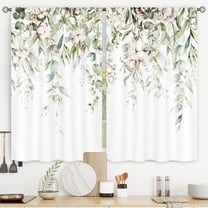 Sage Green Eucalyptus Leaves Kitchen Curtains Short Small Rustic Spring Cotton Flower Floral Wooden Plant Rod Pocket Farmhouse Bedroom Living Room Treatment Fabric 2 Panels 27.5Wx39H Inch
