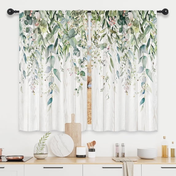 Sage Green Eucalyptus Leaves Kitchen Curtains Short Small Rustic Spring Flower Floral Wooden Botanical Plant Rod Pocket Farmhouse Bedroom Living Room Treatment Fabric 2 Panels 24x26 Inch