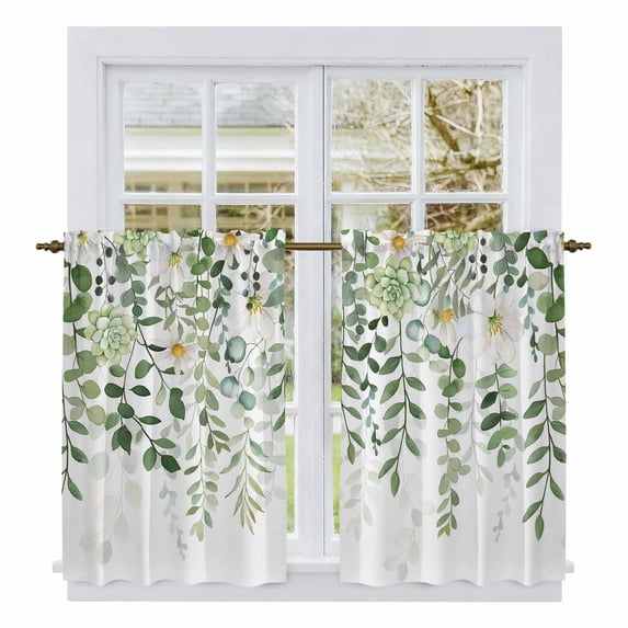Sage Green Eucalyptus Leaves Kitchen Curtains, Summer Weeping Floral Botanical Light Filtering Window Curtain Panels, 2Pcs Rod Pocket Window Treatments Set for Study Room Bathroom Bedroom 52x54In