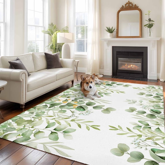 Sage Green Eucalyptus Leaves Large Area Rugs 5x8 ft Spring Summer Botanical Washable Rug Non Slip Indoor Carpet Absorbent Floor Mat for Living Room Bedroom Dining Room