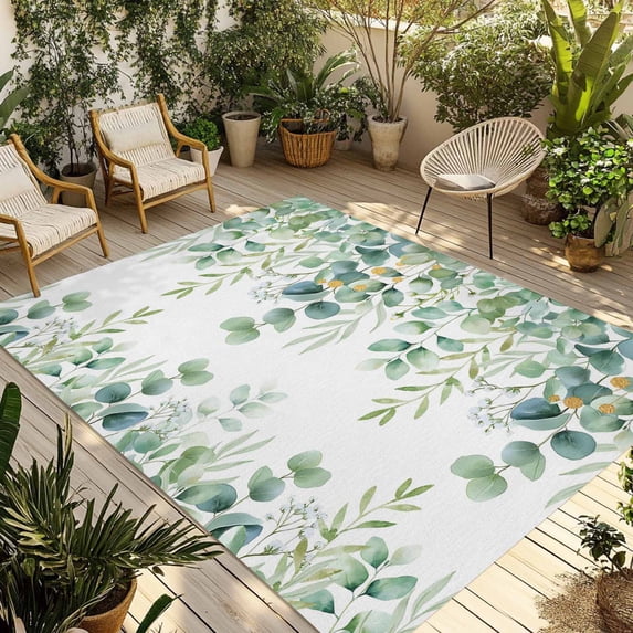 Sage Green Eucalyptus Leaves Outdoor Rug for Patio/Deck/Porch, Non-Slip Large Area Rug 4 x 6 Ft, Spring Summer Botanical Indoor Outdoor Rugs Washable Area Rugs, Reversible Camping Rug Carpet Runner