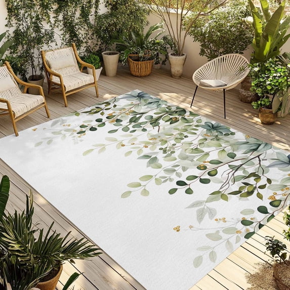Sage Green Eucalyptus Leaves Outdoor Rug for Patio/Deck/Porch, Non-Slip Large Area Rug 5 x 8 Ft, Spring Botanical Floral Indoor Outdoor Rugs Washable Area Rugs, Reversible Camping Rug Carpet Runner