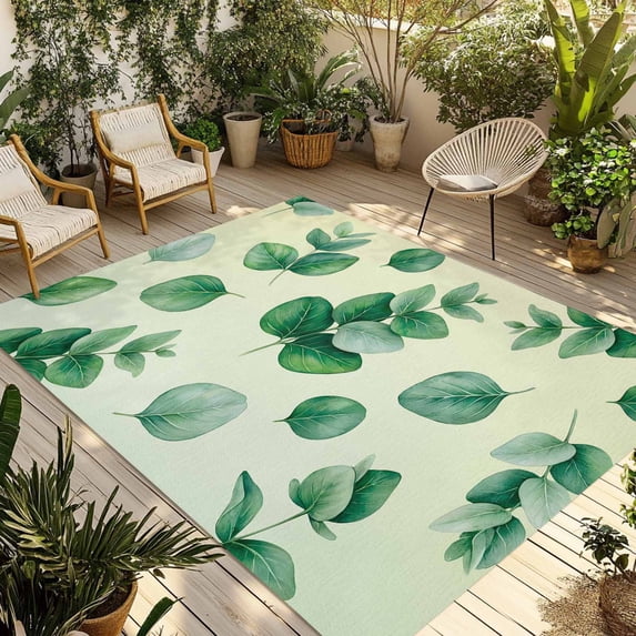 Sage Green Eucalyptus Leaves Outdoor Rug for Patio/Deck/Porch, Non-Slip Large Area Rug 5 x 8 Ft, Spring Botanical Leaf Cream Indoor Outdoor Rugs Washable Area Rugs, Camping Rug Carpet Runner