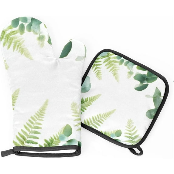 Sage Green Eucalyptus Leaves Oven Mitts and Pot Holders Set of 2, Heat Resistant Oven Mitts Kitchen Oven Glove for Cooking, Baking