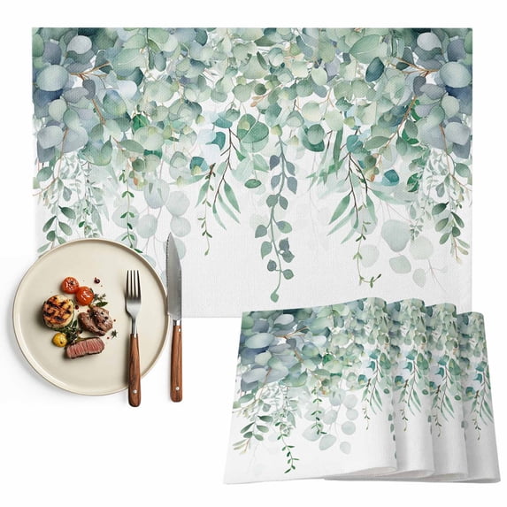 Sage Green Eucalyptus Leaves Placemats Set of 4, Spring Summer Botanical Rustic Washable Wipeable Table Mats for Dining Tables, Indoor Outdoor Kitchen Place Mats for Holiday Party Table Decor