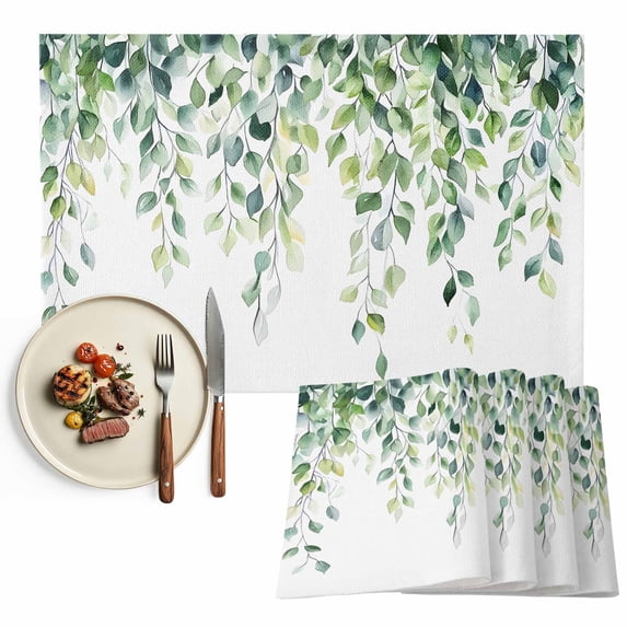 Sage Green Eucalyptus Leaves Placemats Set of 6, Farmhouse Spring Botanical Washable Wipeable Table Mats for Dining Tables, Indoor Outdoor Kitchen Place Mats for Holiday Party Table Decor