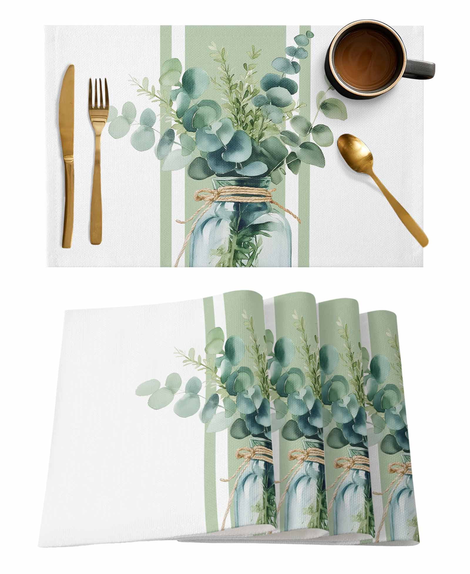 Sage Green Eucalyptus Leaves Placemats Set of 6, Farmhouse Stripe ...