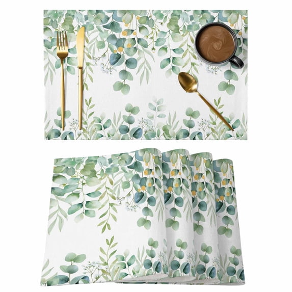 Sage Green Eucalyptus Leaves Placemats Set of 6, Spring Summer Botanical Placemats for Dining Table, Place Mats for Kitchen Tabletop, Waterproof Wipeable Dining Table Mats Set