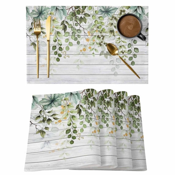 Sage Green Eucalyptus Leaves Placemats Set of 6, Summer Botanical Weeping Wooden Placemats for Dining Table, Place Mats for Kitchen Tabletop, Waterproof Wipeable Dining Table Mats Set