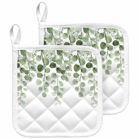 Sage Green Eucalyptus Leaves Pot Holders for Kitchen Heatproof Potholder, 2 Pack Spring Country Botanical Hot Pads Multipurpose Oven Pads Cloth Potholders Trivet for Cooking and Baking