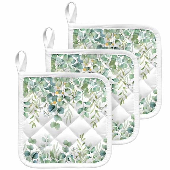 Sage Green Eucalyptus Leaves Pot Holders for Kitchen Heatproof Potholder, 3 Pack Spring Summer Botanical Hot Pads Multipurpose Oven Pads Cloth Potholders Trivet for Cooking Baking