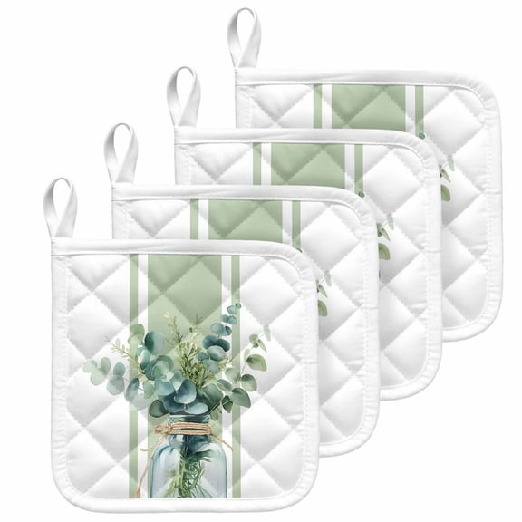 Sage Green Eucalyptus Leaves Pot Holders for Kitchen Heatproof Potholder, 4 Pack Farmhouse Stripe Botanical Hot Pads Multipurpose Oven Pads Cloth Potholders Trivet for Cooking and Baking