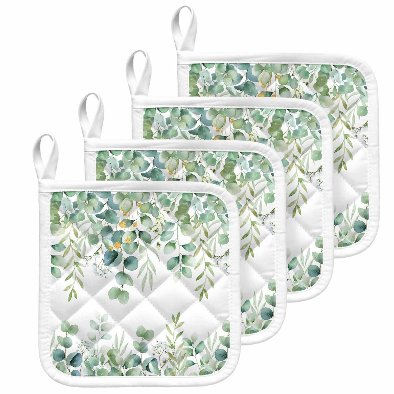 Sage Green Eucalyptus Leaves Pot Holders for Kitchen Heatproof Potholder, 4 Pack Spring Summer Botanical Hot Pads Multipurpose Oven Pads Cloth Potholders Trivet for Cooking and Baking