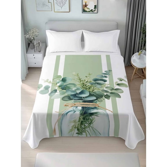 Sage Green Eucalyptus Leaves Queen Size Flat Sheet, Wrinkleproof & Fadeproof Cooling Flat Bed Sheet Only, Farmhouse Stripe Botanical Breathable Soft Bedding Top Sheets 90 x 102 Inches