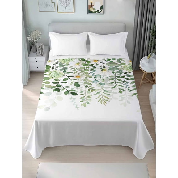 Sage Green Eucalyptus Leaves Queen Size Flat Sheet, Wrinkleproof & Fadeproof Cooling Flat Bed Sheet Only, Summer Weeping Floral Botanical Breathable Soft Bedding Top Sheets 90 x 102 Inches