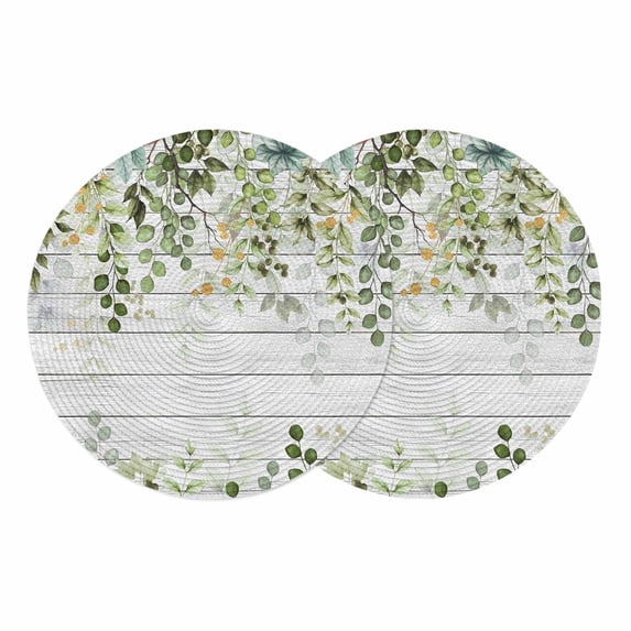 Sage Green Eucalyptus Leaves Round 13 Inch Placemats Set of 2, Summer Botanical Weeping Wooden HeatResistant Non Slip Place Mats for Dining Table, Wipeable Braided Kitchen Table Mats for Housewarming