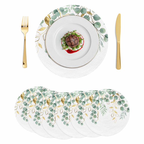 Sage Green Eucalyptus Leaves Round 13 Inch Placemats Set of 6, Spring Summer Country Plants HeatResistant Non Slip Place Mats for Dining Table, Wipeable Braided Kitchen Table Mats for Housewarming