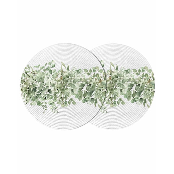Sage Green Eucalyptus Leaves Round 15 Inch Placemats Set of 2, Spring Summer Botanical Floral HeatResistant Non Slip Place Mats for Dining Table, Wipeable Braided Kitchen Table Mats for Housewarming
