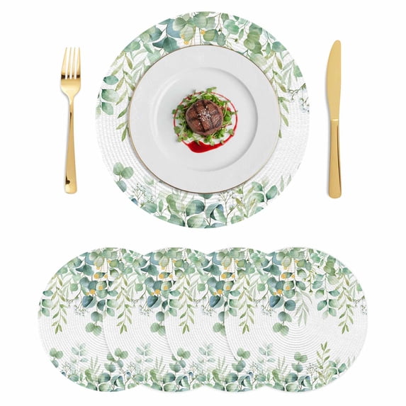 Sage Green Eucalyptus Leaves Round 15 Inch Placemats Set of 4, Spring Summer Botanical HeatResistant Non Slip Place Mats for Dining Table, Wipeable Braided Kitchen Table Mats for Housewarming