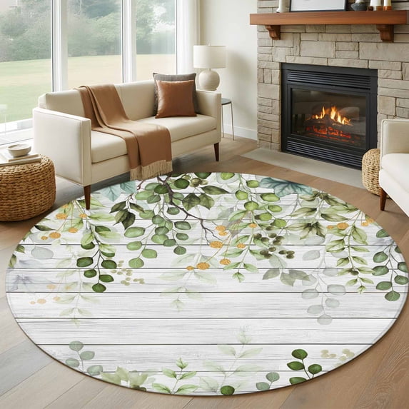 Sage Green Eucalyptus Leaves Round Area Rug 5 FT,Non Slip Bedroom Rugs,Summer Botanical Weeping Wooden Washable Soft Circular Carpet Non-Shedding Floor Mat for Kitchen Dining Room Foyer Balcony Dorm