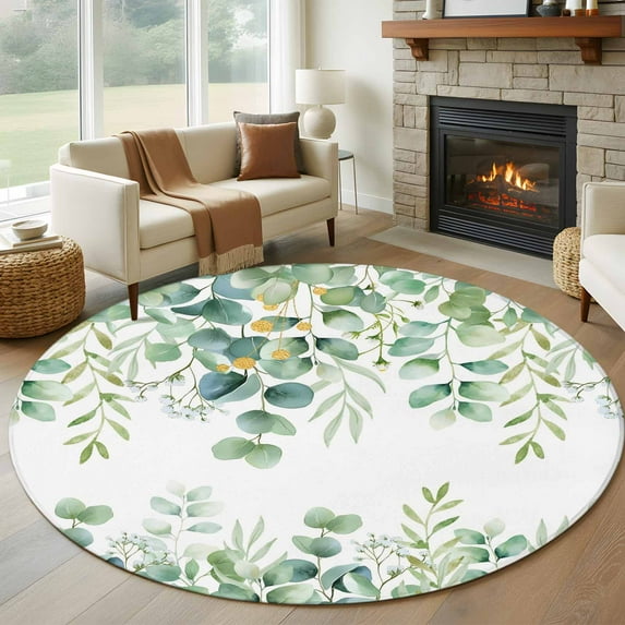 Sage Green Eucalyptus Leaves Round Area Rug 6Ft Washable Circle Rugs for Bathroom Office, Spring Summer Botanical Non-Slip Carpet Floor Mats Indoor Outdoor Carpet Runner Aesthetic Home Decor