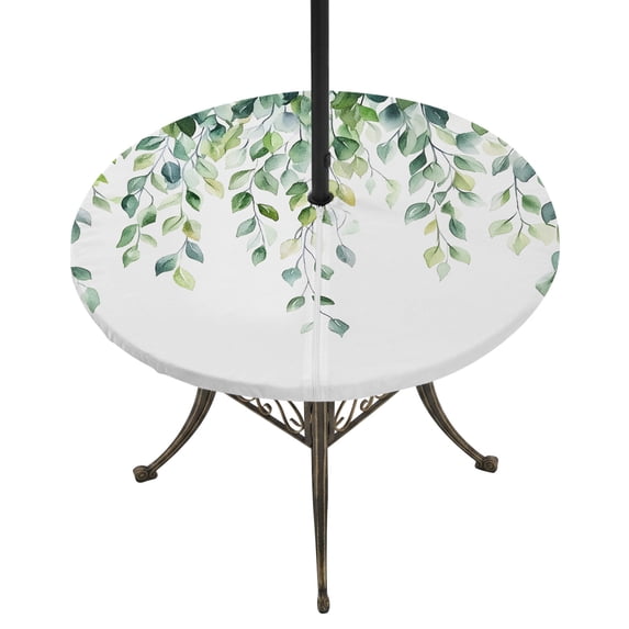 Sage Green Eucalyptus Leaves Round Outdoor Tablecloth with Umbrella Hole Zipper, Farmhouse Spring Botanical Elastic Fitted Table Cover, Waterproof Table Cloth for Patio Picnic Party Fits 54"-60"