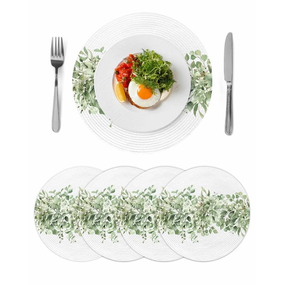 Sage Green Eucalyptus Leaves Round Placemats Set of 4 for Dinning Tables,Heat-proof Braided Table Mats 13 Inch,Spring Summer Botanical Floral Washable Place Mat for Kitchen Restaurant Party Table