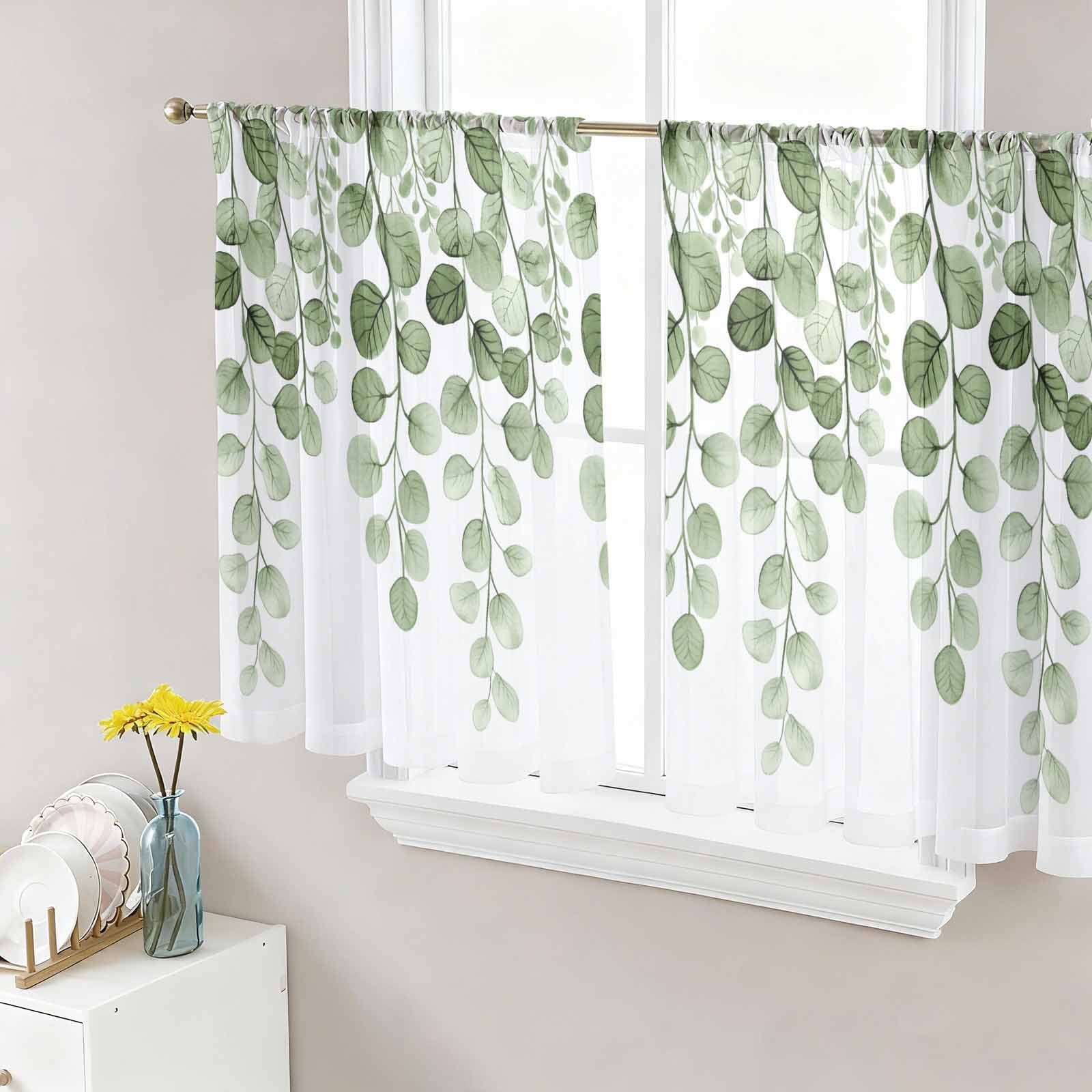 Sage Green Eucalyptus Leaves Semi Sheer Curtains 45 Inch Length 2 ...