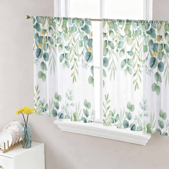 Sage Green Eucalyptus Leaves Sheer Curtains 45 Inch Length 2 Panels Set Window Treatments, Spring Summer Botanical Rod Pocket Semi Curtains for Living Room/Bedroom/Kitchen Décor, 104"W x 45"L
