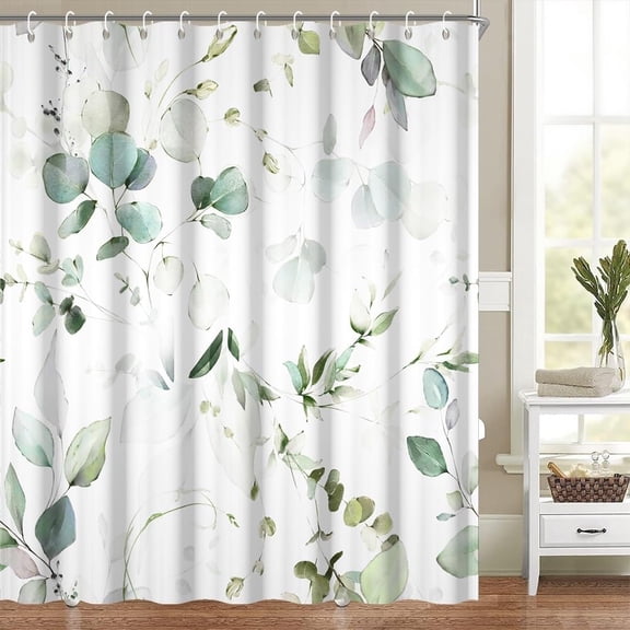 Sage Green Eucalyptus Leaves Shower Curtain for Bathroom Modern Botanical Themed Bathroom Decor Set Watercolor Plant Leaf Bathtub Curtains Washable Waterproof Polyester Fabric with Hooks 72x84 Inch