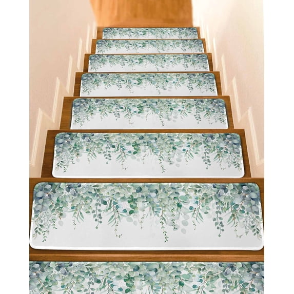 Sage Green Eucalyptus Leaves Stair Treads Non Slip Indoor for Wooden Steps, Spring Summer Botanical Rustic 7 Pcs Stair Mats for Elders Dogs, 8 x 30 Inch Carpet Treads Runner Rugs for Staircase